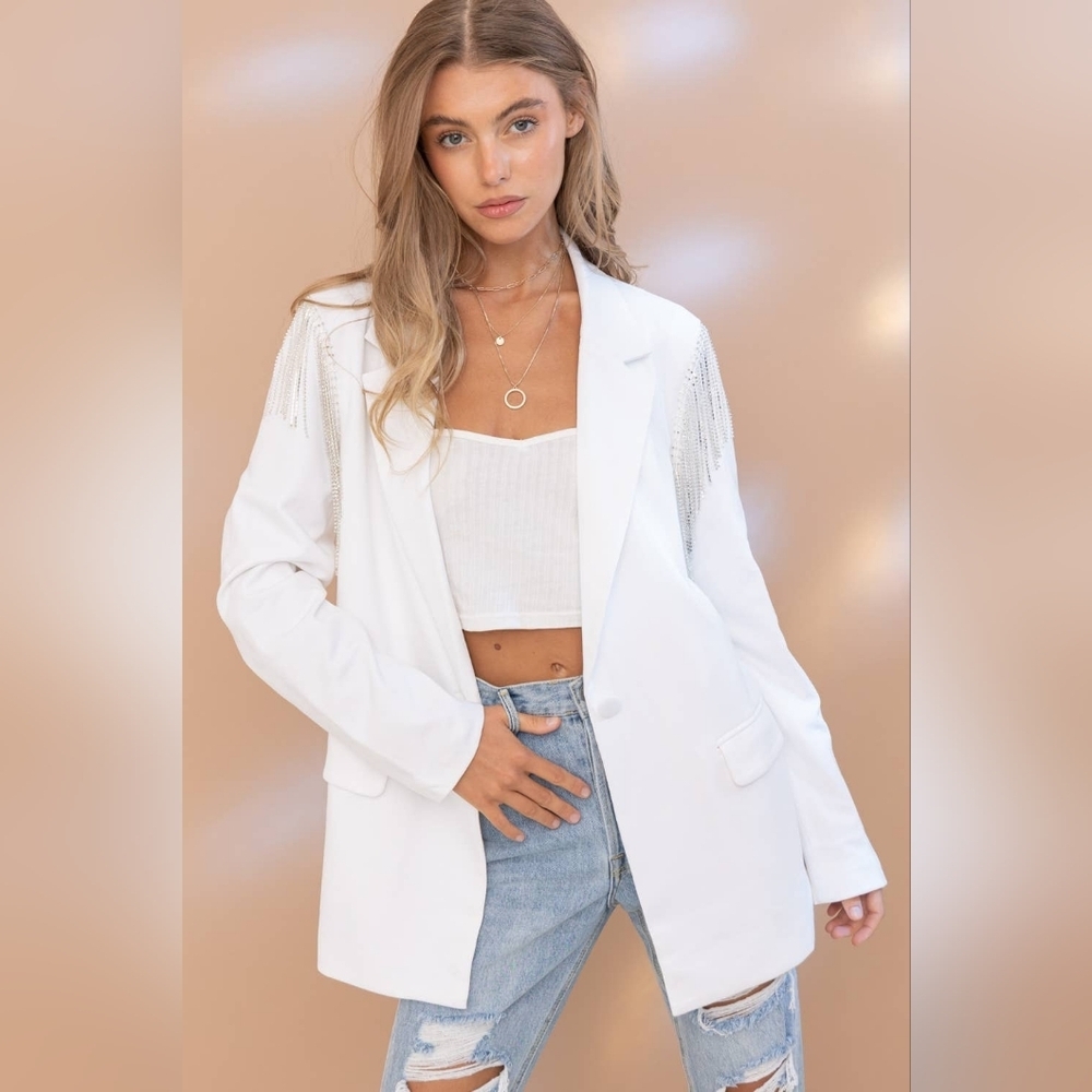 NWT Blue B White Western Stretch Boyfriend Rhinestone Fringe Shoulder Blazer - Picture 6 of 11